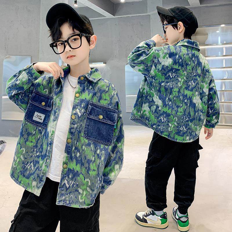 2027春秋季港风衬衫中大男童装宽松复古炸街满印夹克休闲运动外套