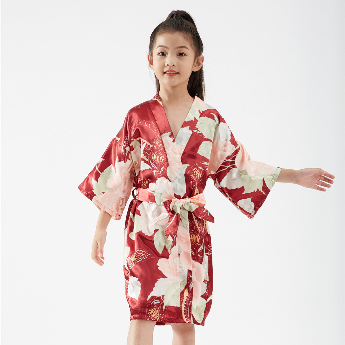 仿绸睡袍色丁儿童大朵牡丹开衫和服睡袍花童晨袍