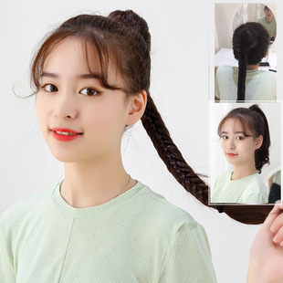 假发女手工鱼骨编麻花辫子马尾假马尾拉绳扣式发包时尚长马尾发片