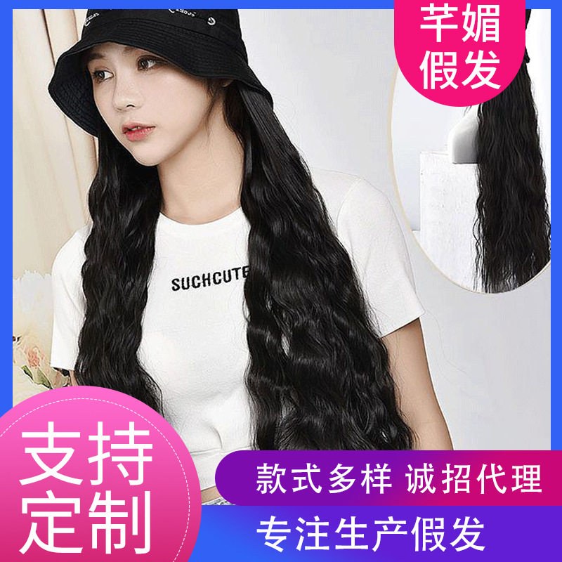 外贸假发女 渔夫帽假发欧美长卷假发一体玉米烫蓬松蛋卷发全头套