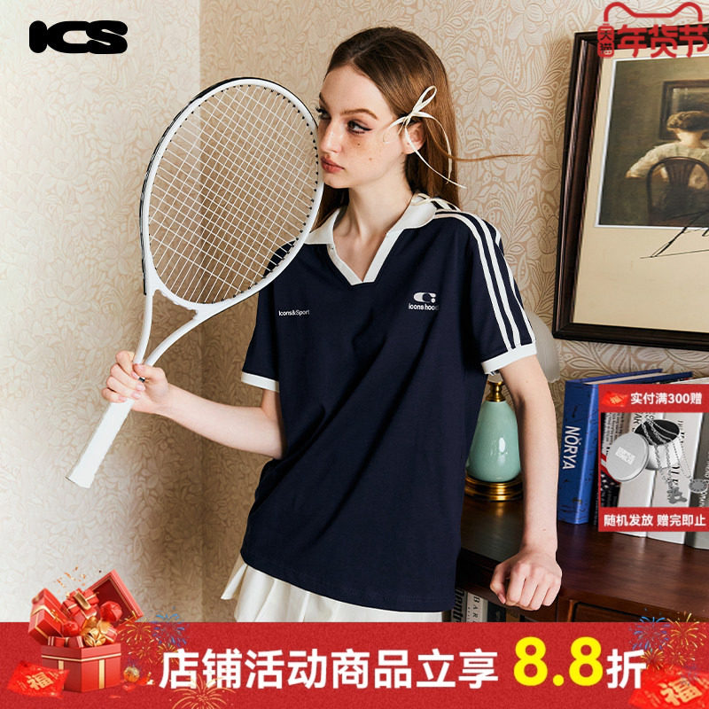 ics丨iconslab撞色刺绣条纹织带运动翻领短袖Polo衫简约休闲T恤女