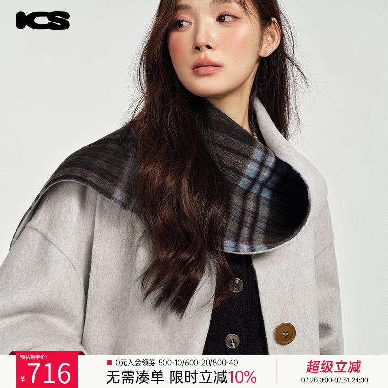 ics丨iconslab知识分子长款毛呢大衣2024年新款秋冬复古格纹外套