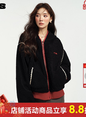 ics丨iconslab红色贝壳羊羔毛夹克情侣款新款秋冬包边绣花外套