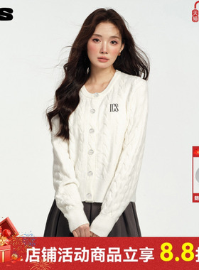 ics丨iconslab绞花短款针织衫情侣秋冬圆领绣花logo白色开衫上衣