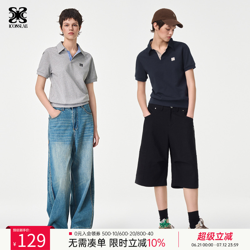 ics丨iconslab“知识分子”海鸥领T恤夏季新款格纹拼接短袖polo衫