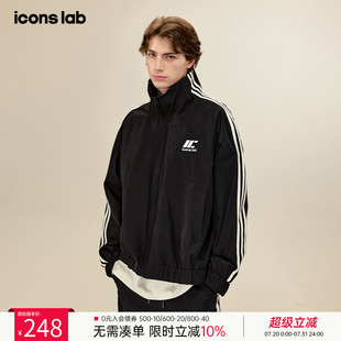ics 运动外套潮 iconslab胶印logo条纹休闲夹克黑色百搭拉链长袖