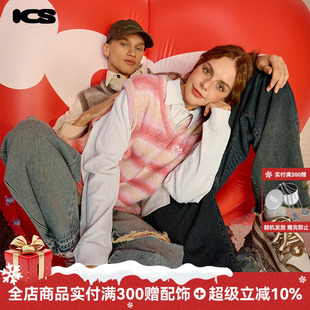 上衣潮 复古休闲无袖 ics iconslab爱心刺绣条纹彩纱毛织背心美式