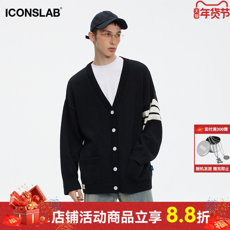 ics丨iconslab条纹开衫毛衣V领宽松上衣外套秋基础情侣款针织衫男,男装,针织衫/毛衣,淘宝优惠券,粉丝福利购,淘宝优惠卷