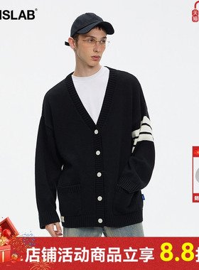 ics丨iconslab条纹开衫毛衣V领宽松上衣外套秋基础情侣款针织衫男