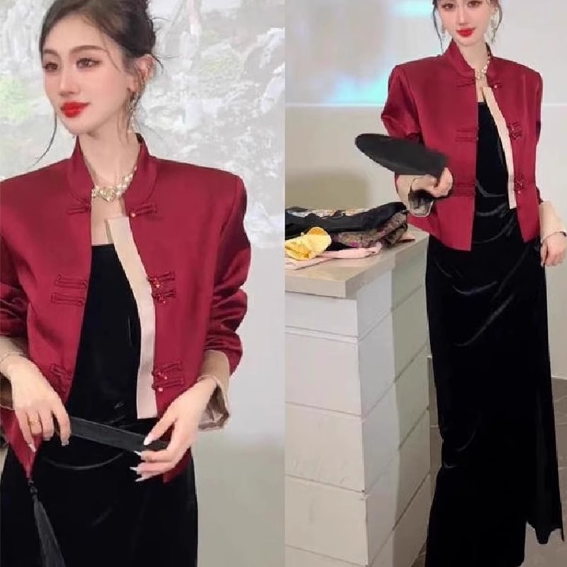 新中式国风套装裙女2025春季新款红色短外套丝绒连衣裙洋气两件套