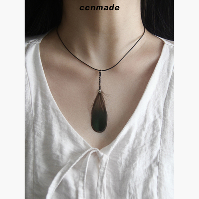 [预售]Silver pendant feather necklace纯银皮革羽毛复古项链