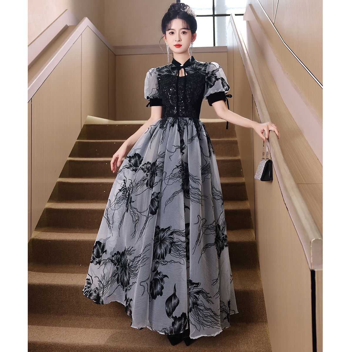 黑色晚礼服女2024新款高级感生日宴会气质新中式声乐演出服艺考裙
