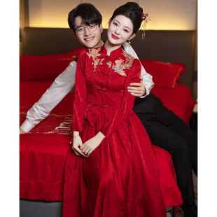 结婚衣服冬季 敬酒服新娘2025新款 订婚礼服裙女酒红色高级感新中式