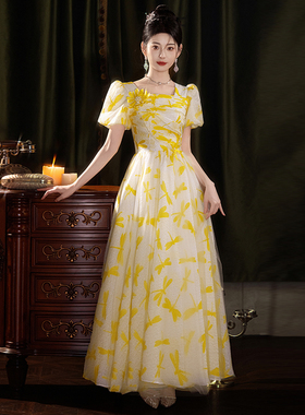 黄色晚礼服连衣裙女高级感轻奢小众高端宴会气质生日成人礼服方领