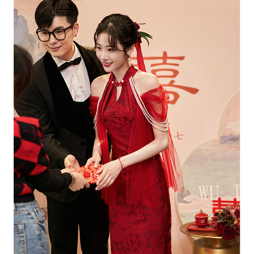 酒红色旗袍订婚敬酒服晨袍