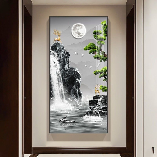 玄关流水生财山水画挂画装饰入户正对门竖版靠山图寓意好走廊过道