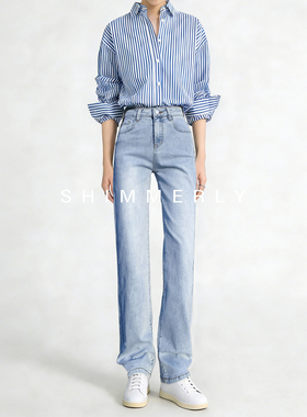 【生图长腿】牛仔裤女高腰显瘦烟管裤春浅蓝色加长修身窄版直筒裤