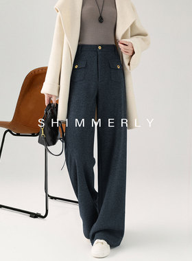 【人字纹羊毛】灰色西装裤女冬加绒老钱风毛呢阔腿裤加厚直筒裤子