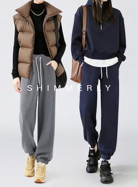 【束脚防风】灰色加绒卫裤女冬季加厚保暖哈伦裤加长高腰运动裤W