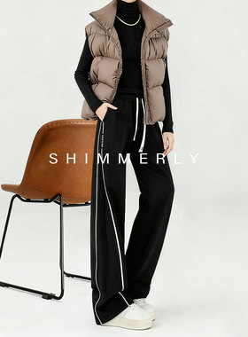 【暖柔相生】黑色加绒卫裤女冬加长条纹阔腿裤窄版显瘦直筒运动裤