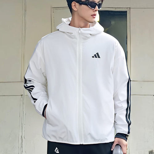 阿迪达斯外套男装上衣白黑三条纹运动休闲夹克2025新款夏JF3682