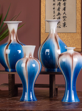 新中式青花瓷花瓶陶瓷仿古蓝色插花客厅复古玄关餐桌花器冰裂釉