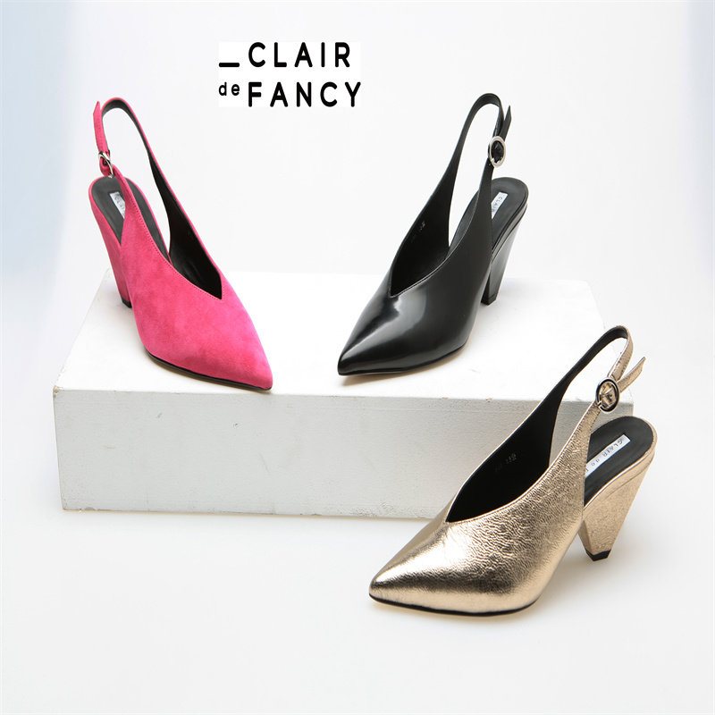 clair de fancy轻奢锥形跟新尖头包头鞋百搭真皮后空女鞋8660681