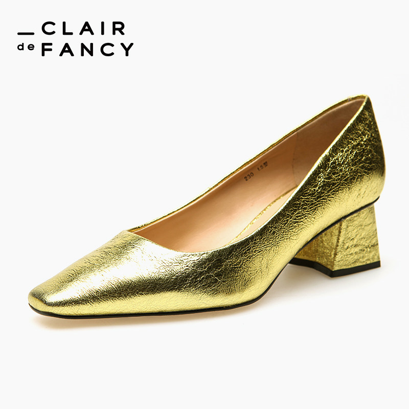 clair de fancy正品粗跟女单鞋方头百搭浅口高跟鞋8500180