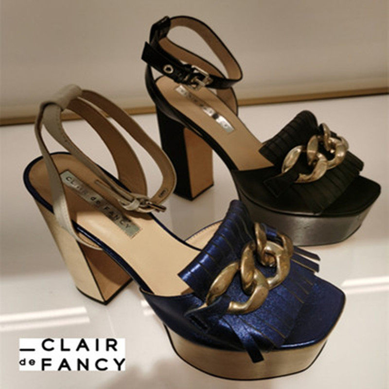 clair de fancy夏羊皮装饰链防水台粗跟超高跟一字凉鞋女8753072