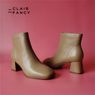 CLAIR de FANCY轻奢时尚方头方根侧拉链舒适23新款女短靴1589737
