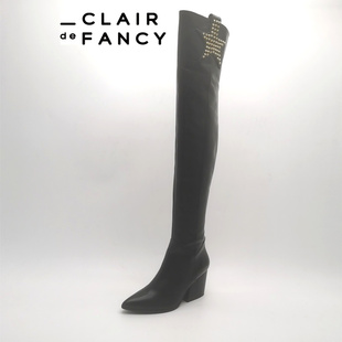 CLAIR de FANCY真皮尖头西部牛仔靴女复古过膝骑士靴高筒8751869