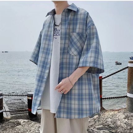 2024新款夏季薄款短袖格子衬衫男生日系潮牌复古ins港风宽松长袖