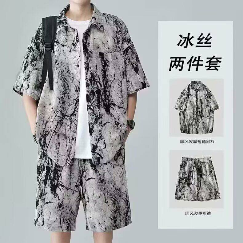 短袖泰式夏威夷风设计感痞帅宽松套装男女港风复古花衬衫