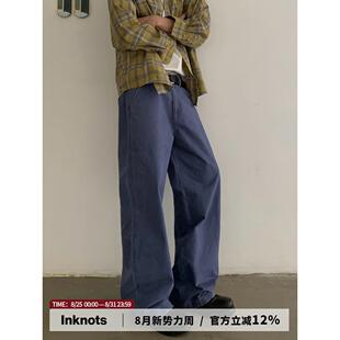 INKNOTS美式复古Vintage优雅蓝法工裤重水洗做旧直筒宽松工装裤男