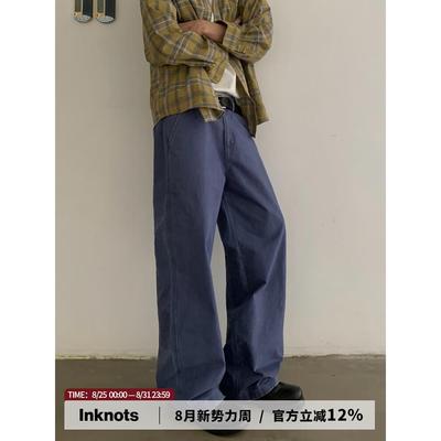 INKNOTS美式复古Vintage优雅蓝法工裤重水洗做旧直筒宽松工装裤男