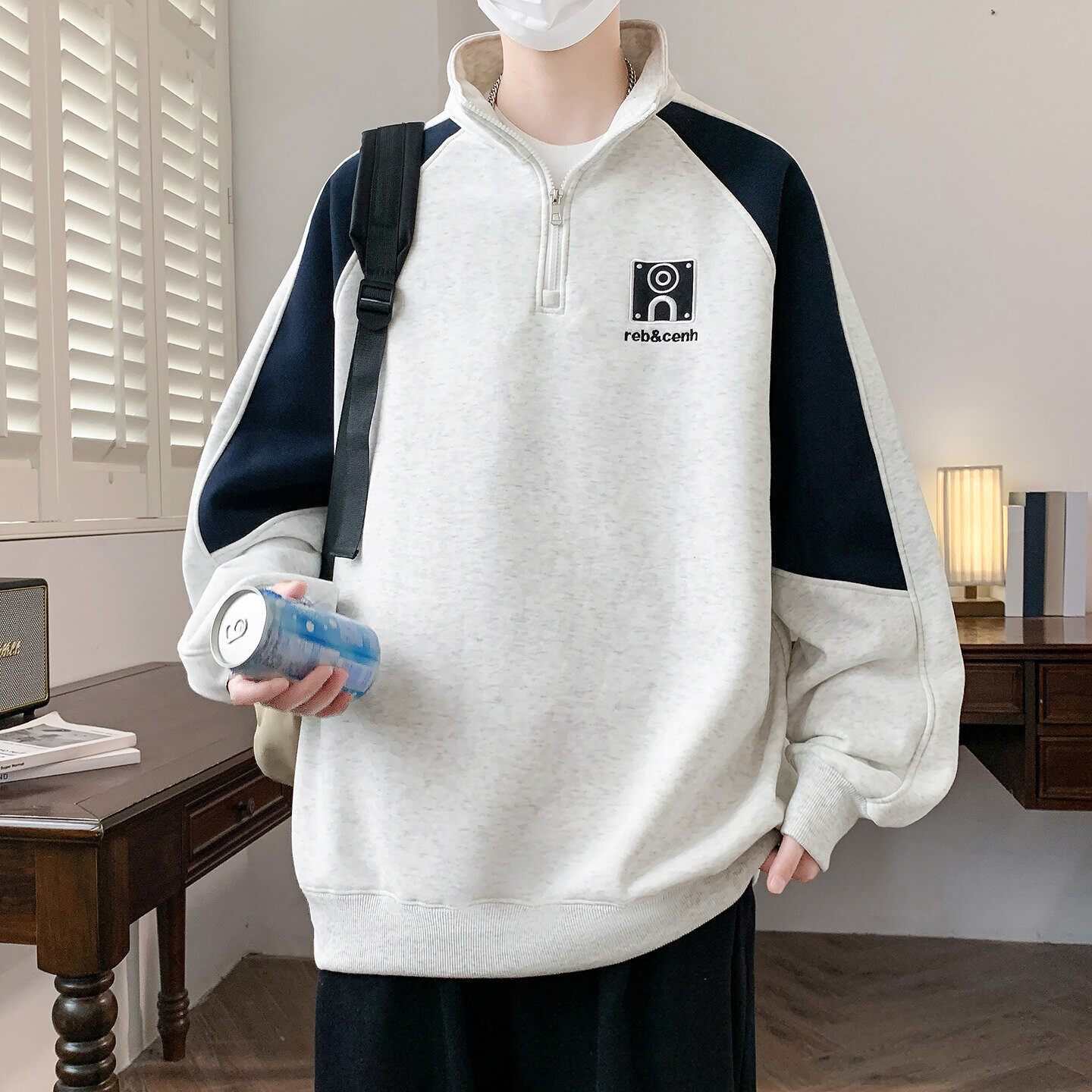春秋季立领半拉炼卫衣男