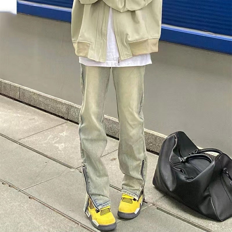 欧美黄泥牛仔裤男拉链夏修身微喇直筒水泥色秋款美式高街vibe裤子
