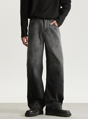 AGANONMEM复古宽松休闲水洗阔腿黑色牛仔裤高街百搭长裤男2025款