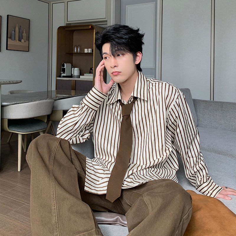Hualun春秋蓝色条纹衬衫男长袖宽松纯棉衬衣男款2026新款休闲上衣