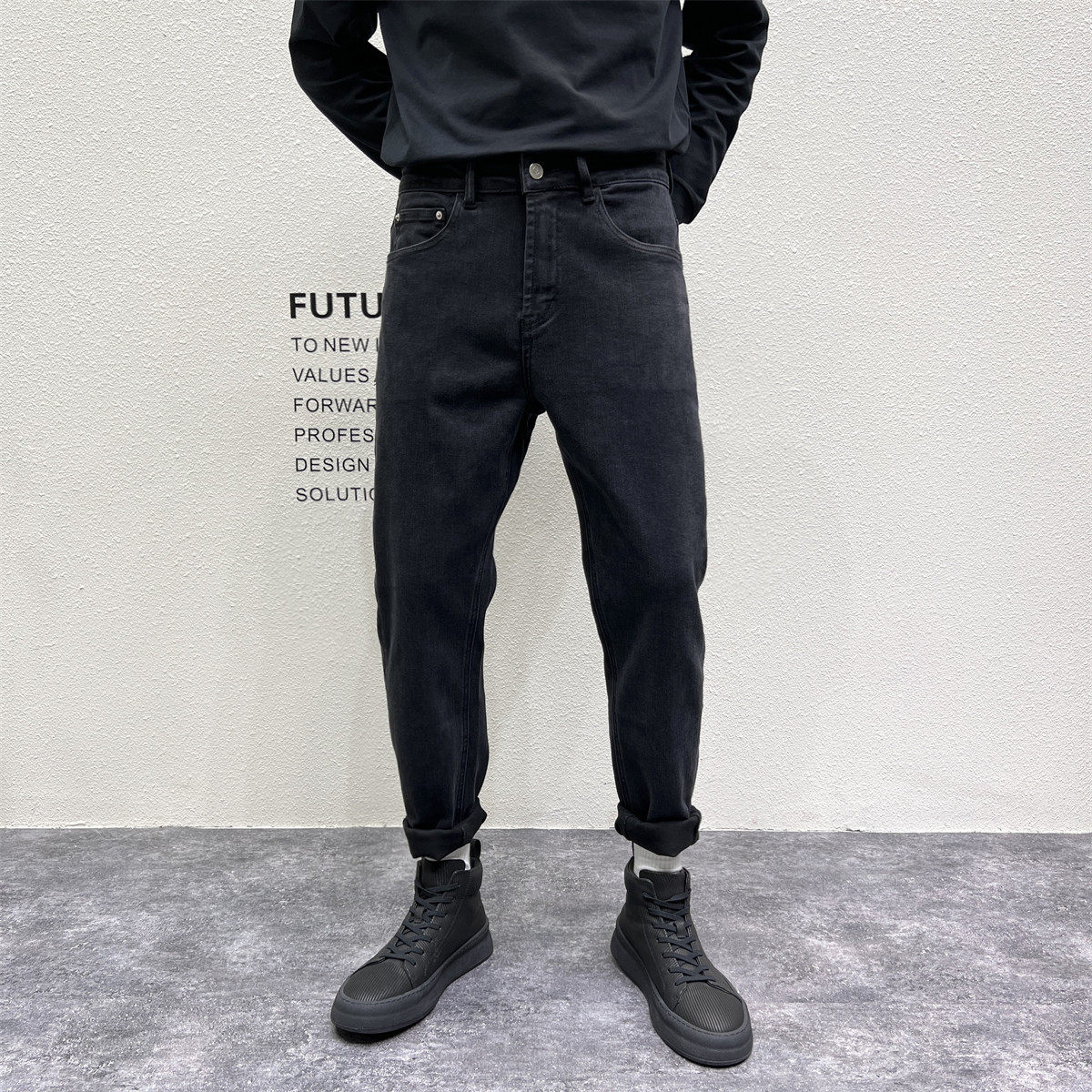 JIDERE高品质感经典黑色牛仔裤男春季修身小直脚型男痞帅显瘦长裤