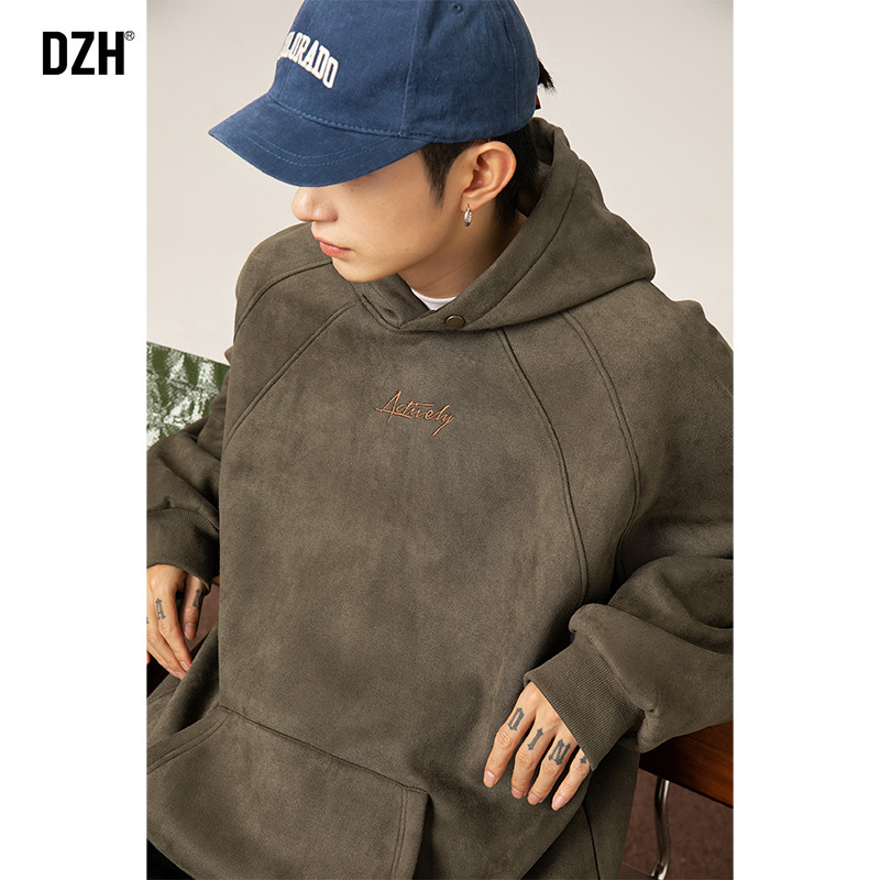 男生绿色刺绣卫衣男春季麂皮绒2026新款外套美式复古上衣春款衣服