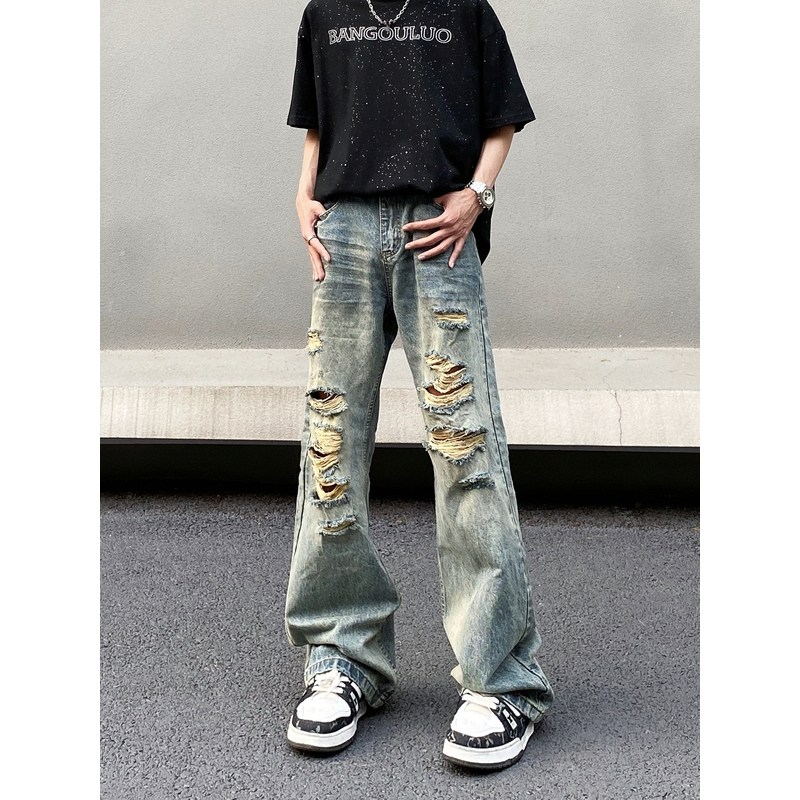 美式复古水洗做旧破洞牛仔裤男宽松直筒潮牌痞帅微喇叭设计感裤子