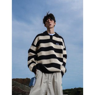 GOGOSOON秋冬新款条纹毛衣800g男生上衣流行时尚穿搭polo领内搭服