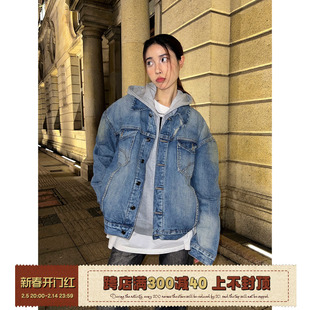 F383 2023秋冬国潮原创美式复古水洗磨破牛仔夹克宽松外套男女