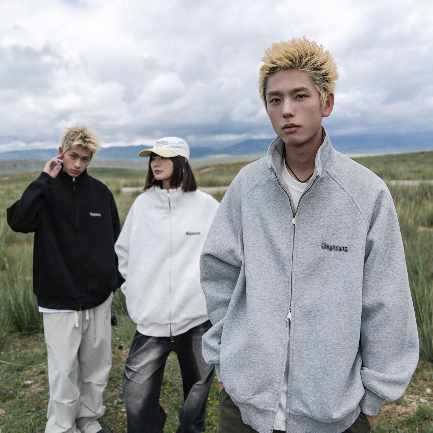 GOGOSOON春秋新款开衫卫衣400g男生立领外套无帽灰色上衣美式拉链