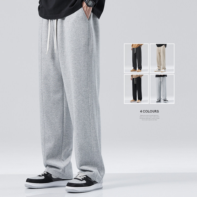 HomePanda重磅灰色阔腿加绒卫裤男秋冬款美式宽松直筒休闲运动裤