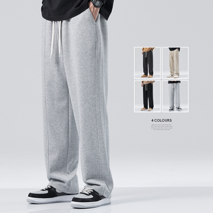 HomePanda重磅灰色阔腿加绒卫裤男秋冬款美式宽松直筒休闲运动裤