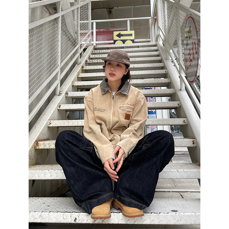 川川也美式复古水洗短款