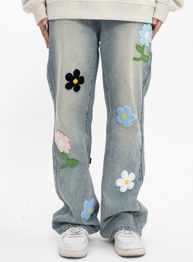 KKKVIBE国潮复古花朵刺绣贴布黄泥染浅蓝水洗微喇牛仔裤男女情侣