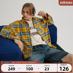 HeartBoon 黄色格子长袖衬衫男设计感美式复古宽松情侣潮牌外套女